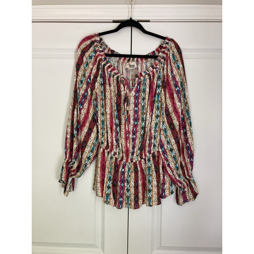 Savanna Jane Multicolor Western Aztec Split Neck Peplum Blouse Women's Size 1X